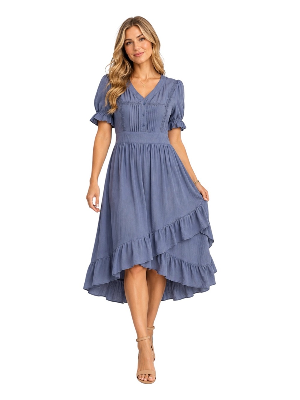 Baltic Born | Blue Boho Ruffle Midi Dress XL Puff Sleeve Romantic Cottagecore